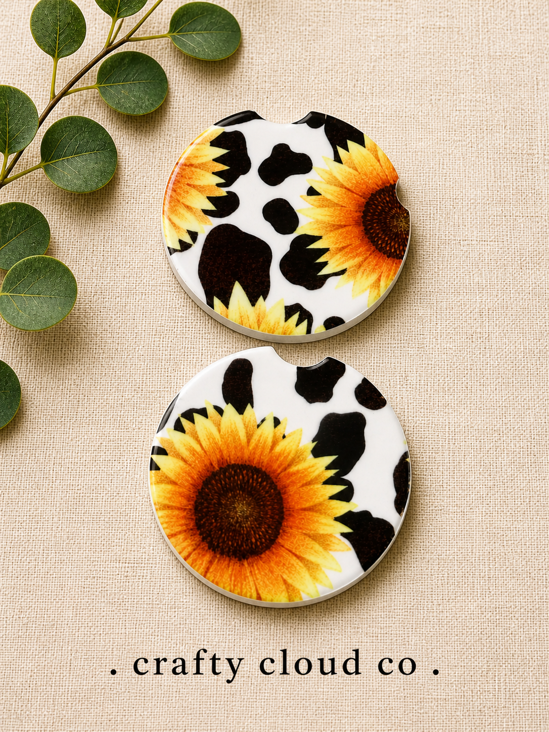 Sunflower Cow Print Ceramic Car Coaster Set