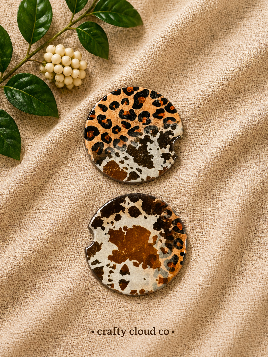 Cow Print & Leopard Mix Ceramic Car Coaster Set