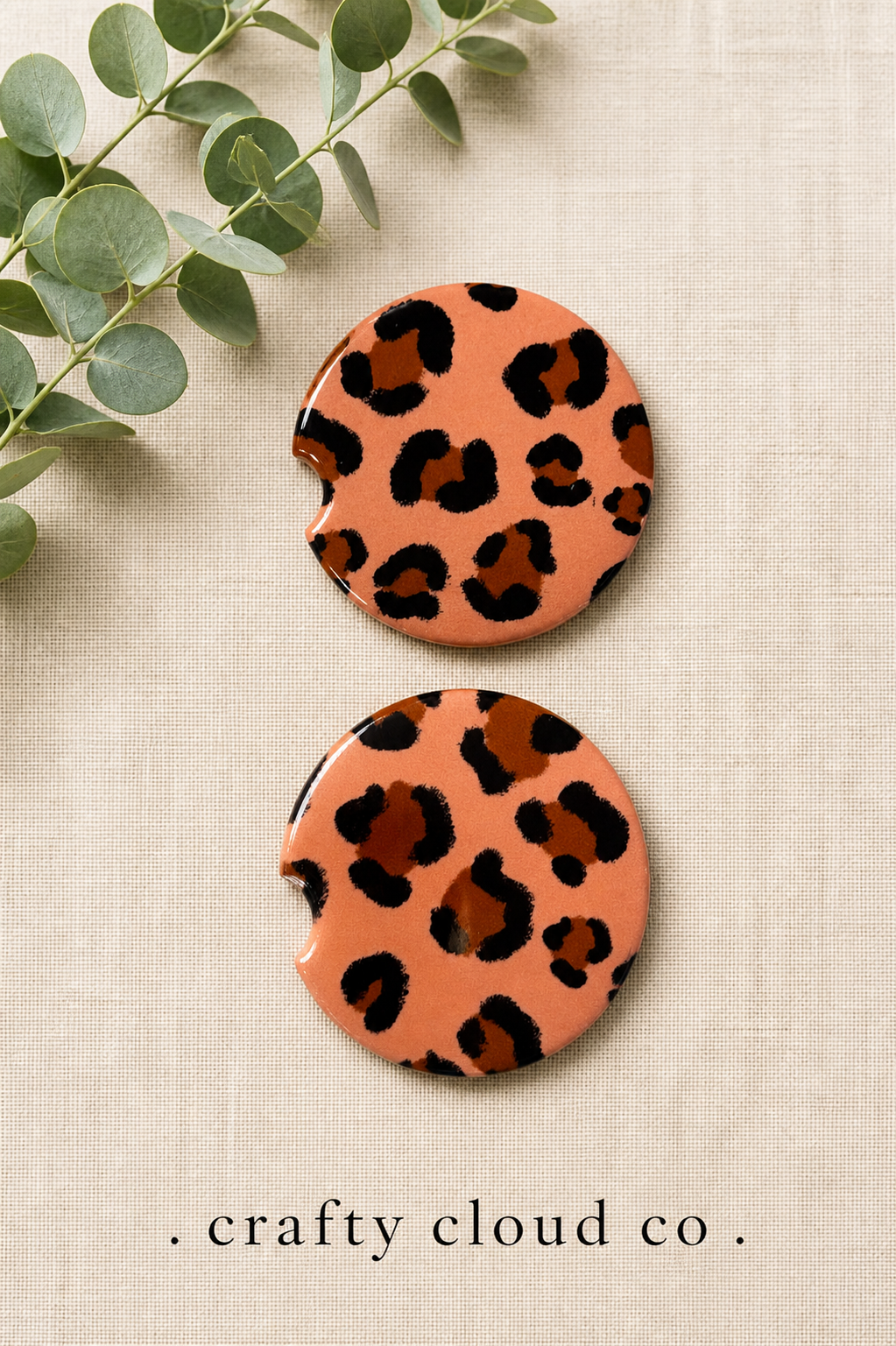 Peach Leopard Ceramic Car Coaster Set