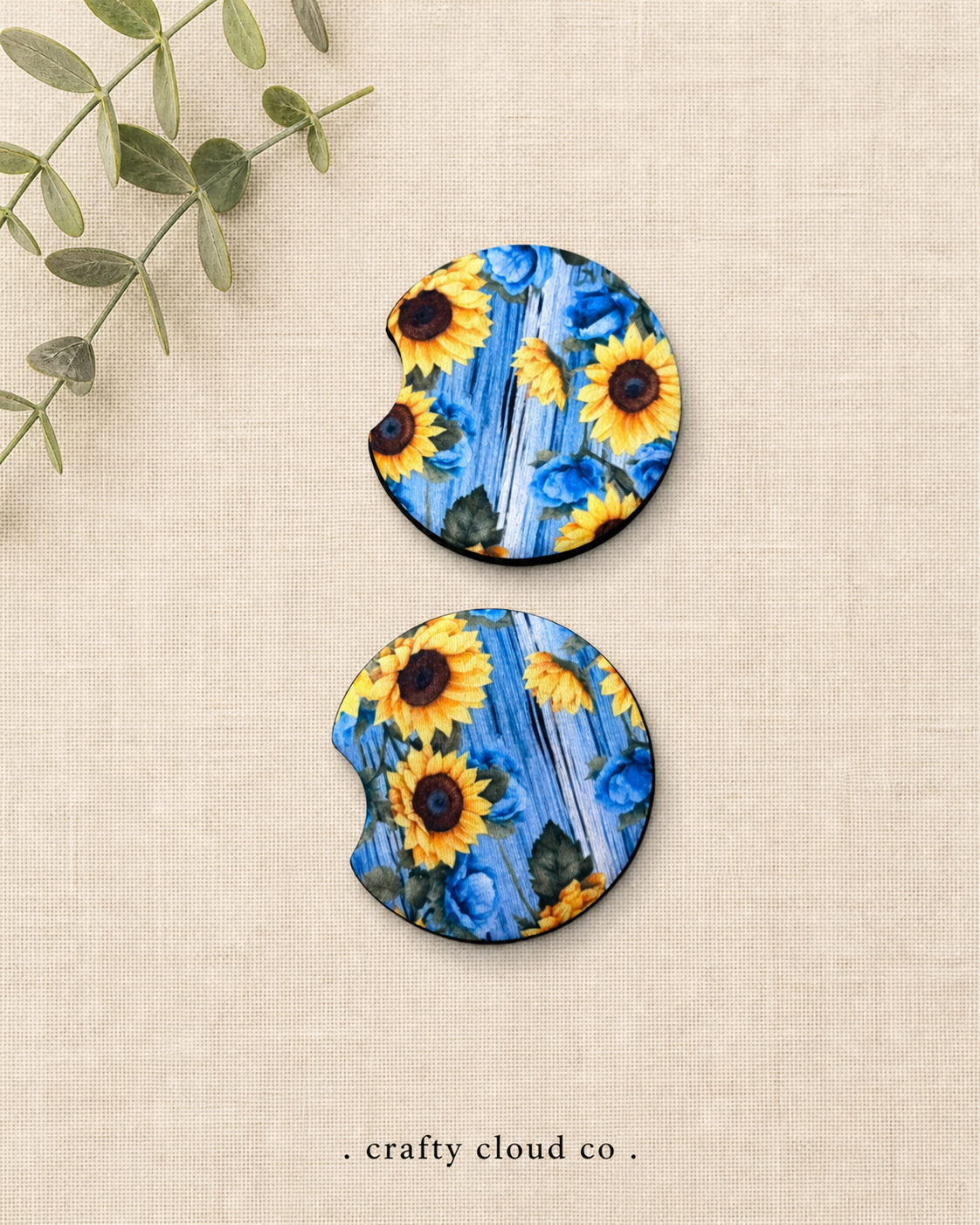 Blue Sunflower Rustic Car Coaster Set