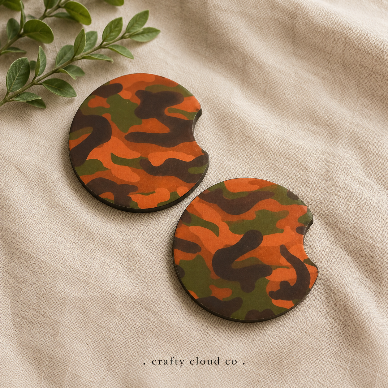 Orange Green Camo Car Coaster Set