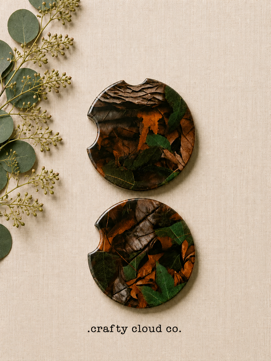 Woodland Camo Leaves Ceramic Car Coaster Set