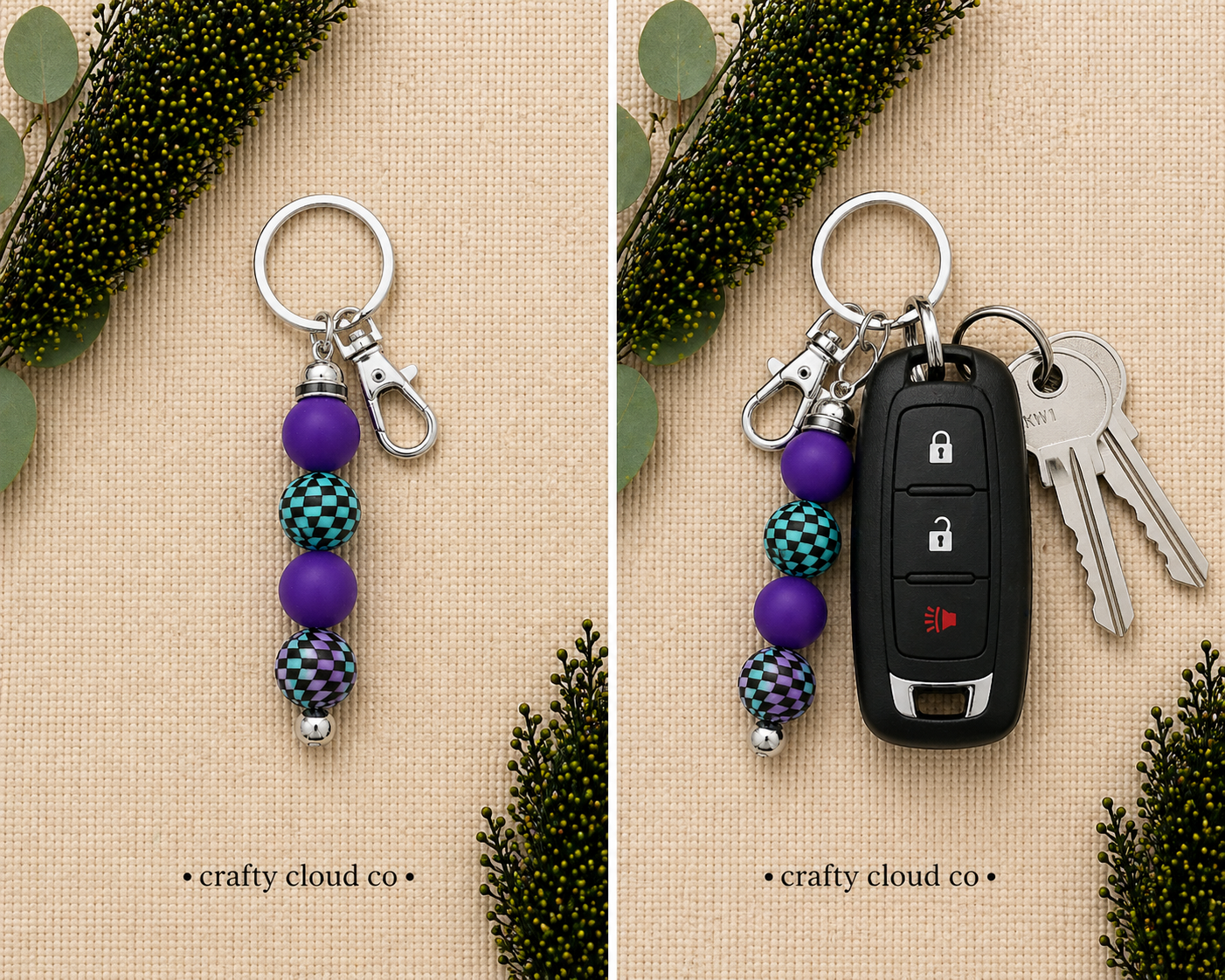 Purple Checkered Beaded Keychain