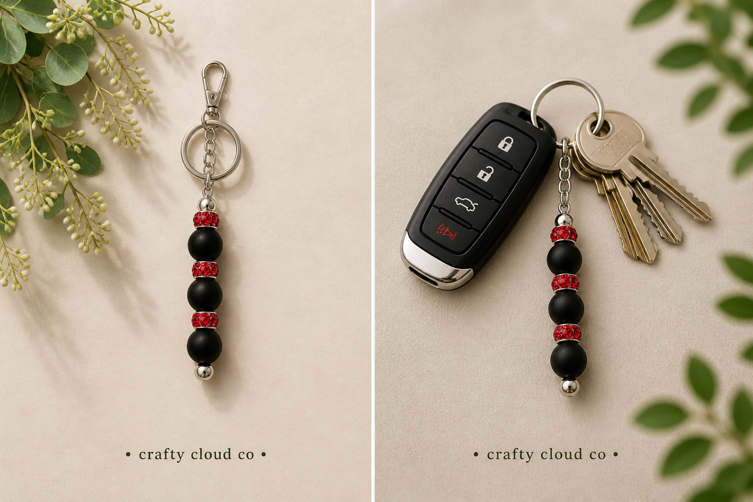 Red & Black Rhinestone Beaded Keychain