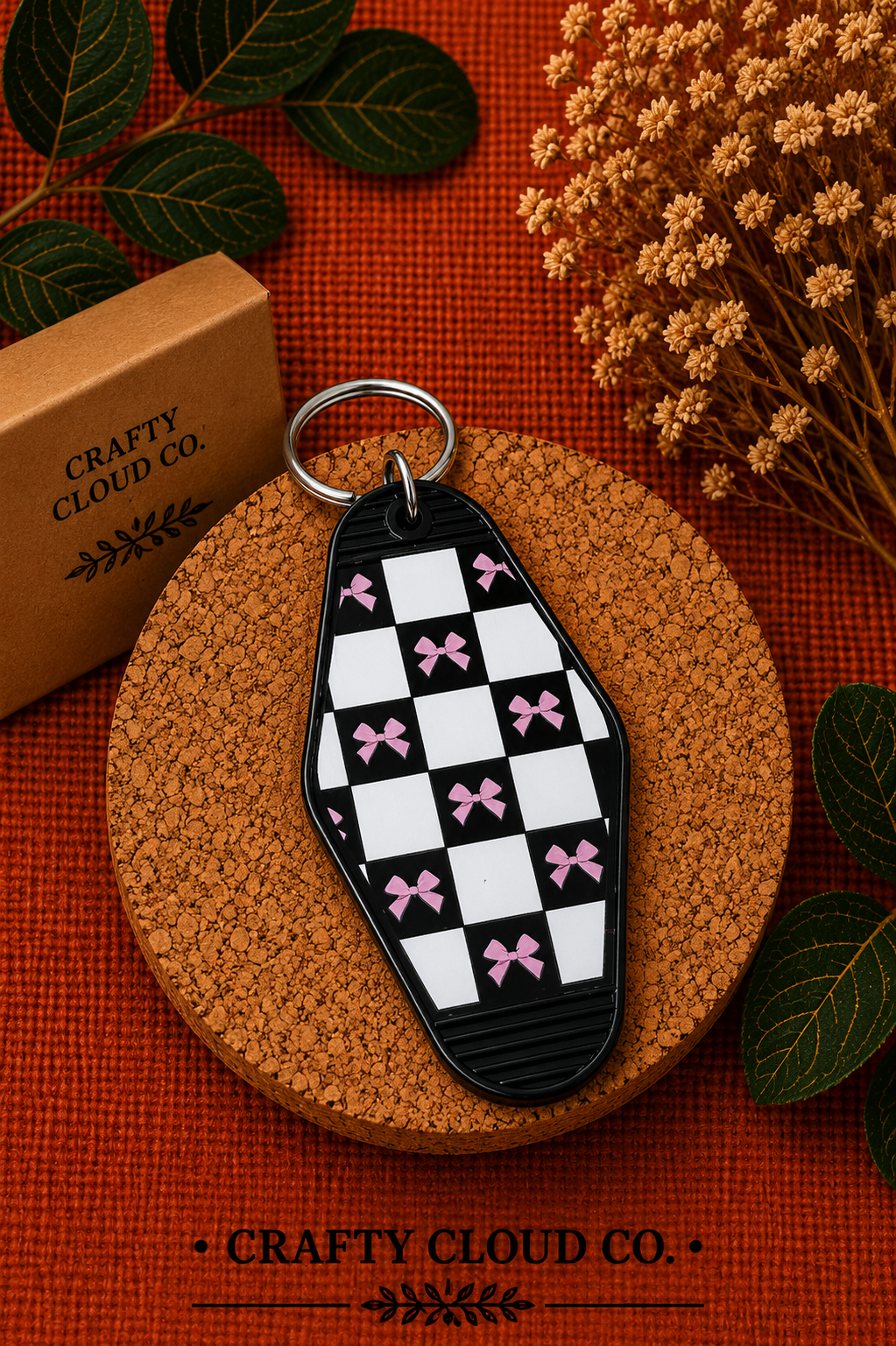 Pink Bow Checkered Motel Keychain