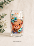 Floral Highland Cow Glass Can Cup