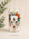 Boho Floral Skull Glass Can Cup