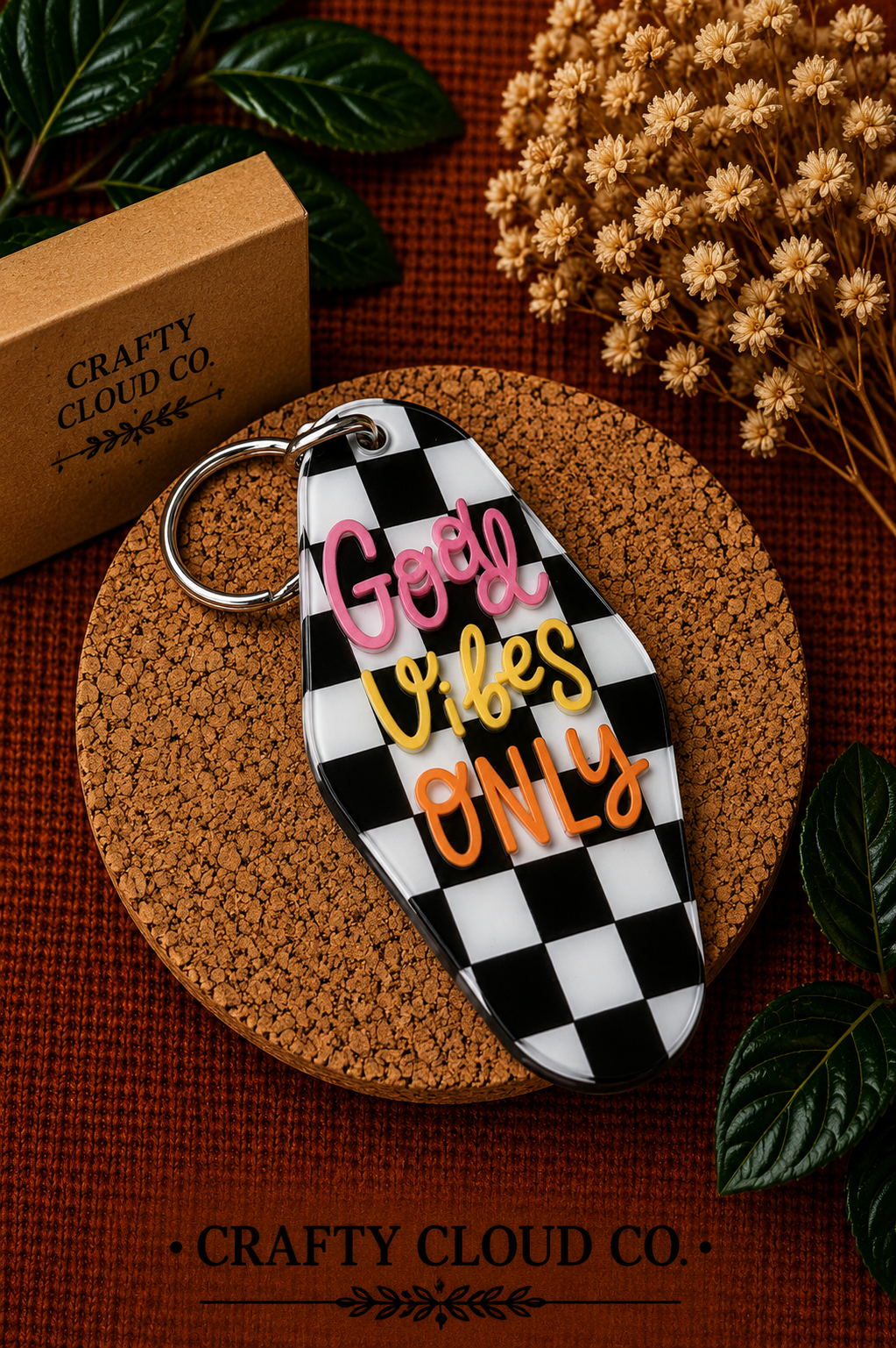 Good Vibes Only Checkered Motel Keychain