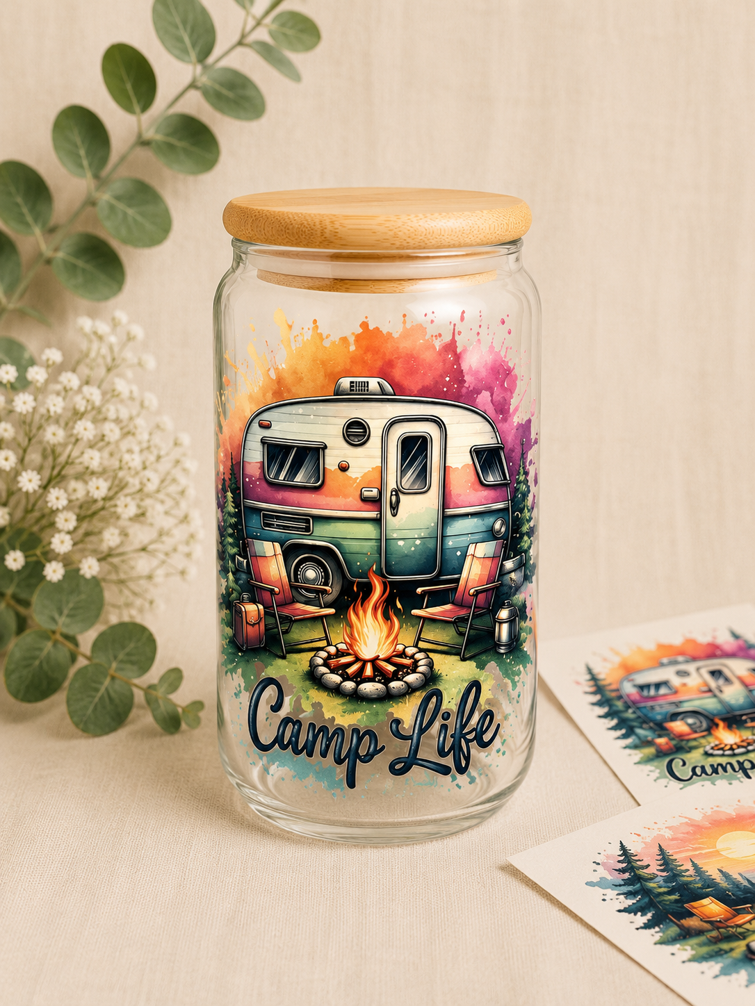 Camp Life Retro Camper Glass Can Cup