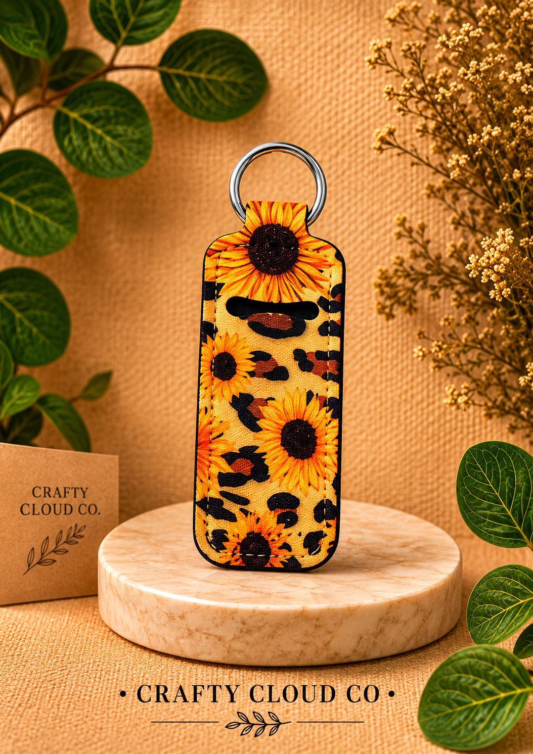 Leopard Sunflower Chapstick Holder Keychain