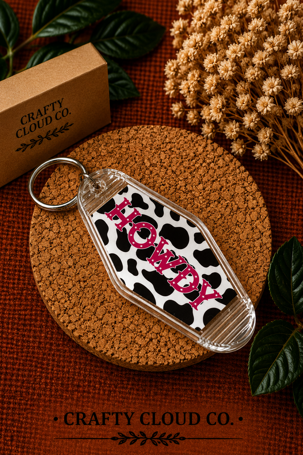 Howdy Cow Print Motel Keychain