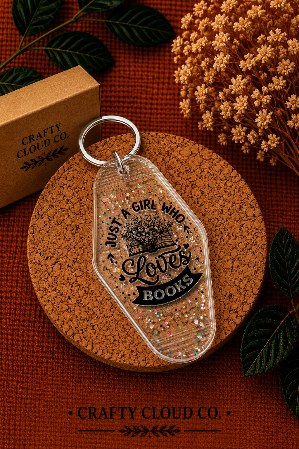 Just a Girl Who Loves Books Glitter Motel Keychain