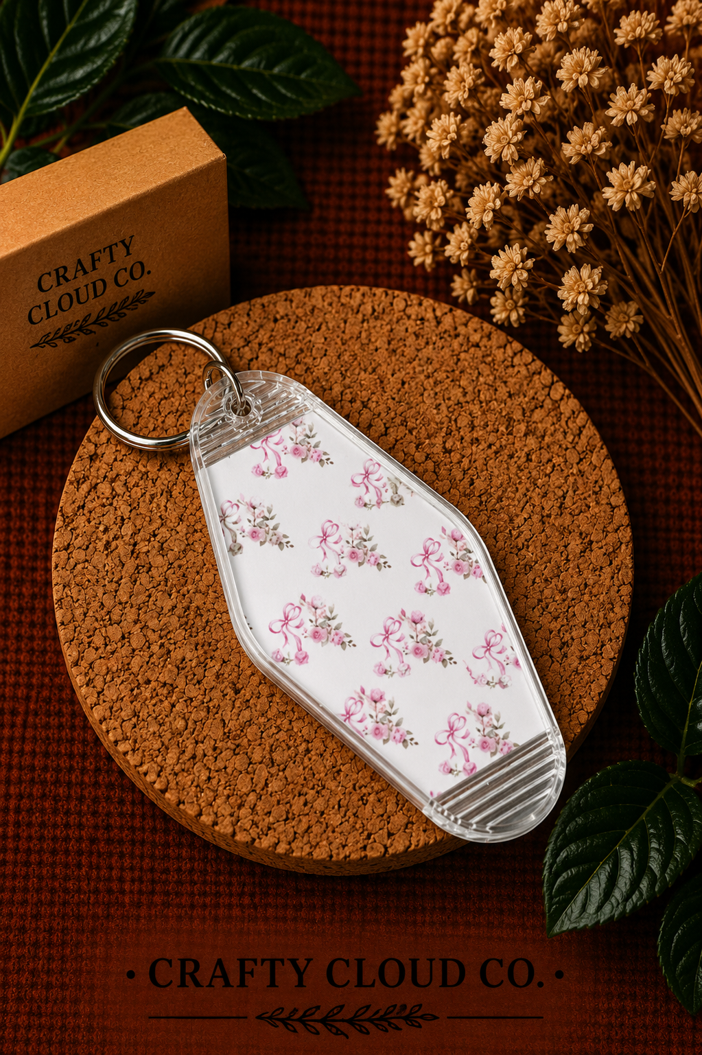 Pink Floral Bow Motel Keychain