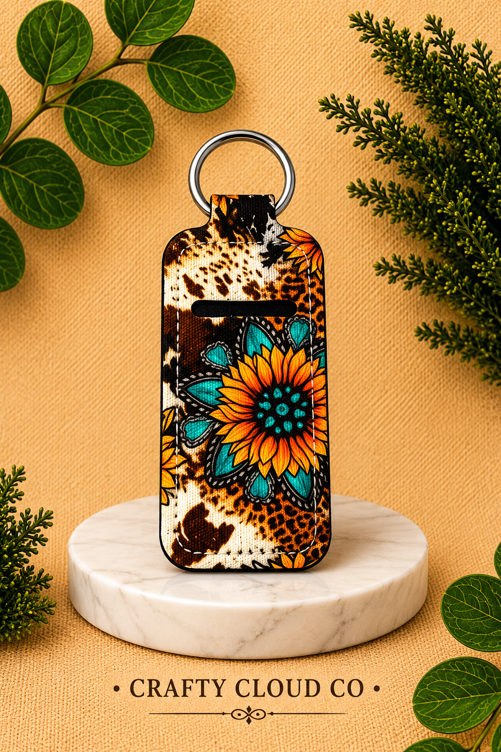Cow Print Sunflower Chapstick Holder Keychain