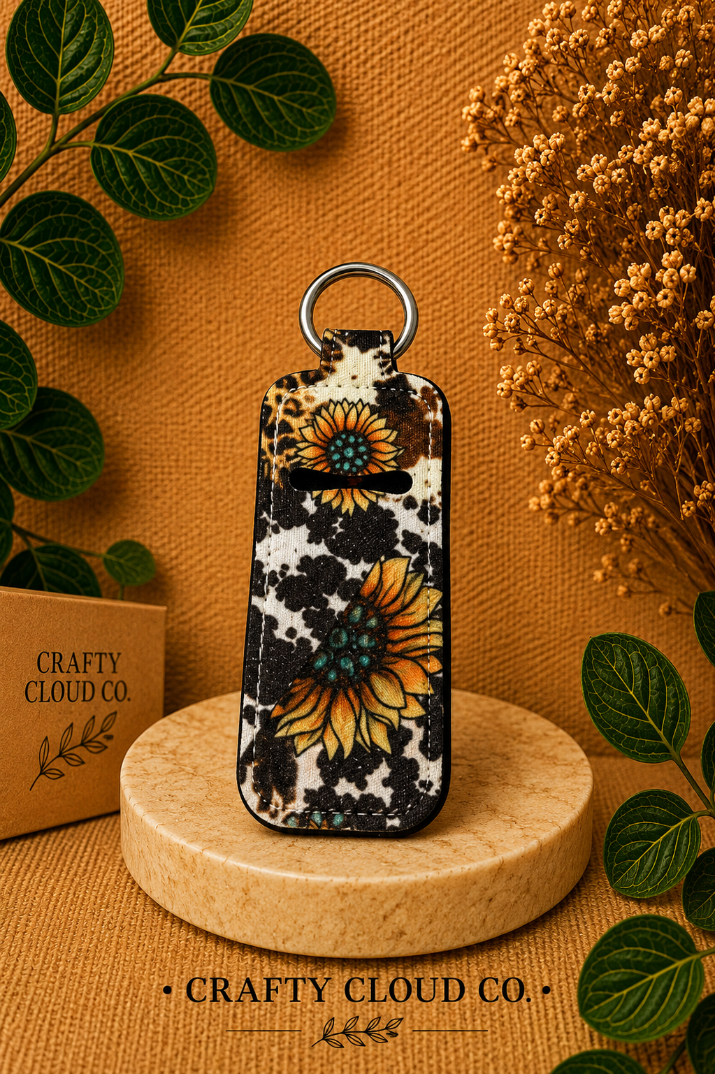 Cow Print Sunflower Chapstick Holder Keychain
