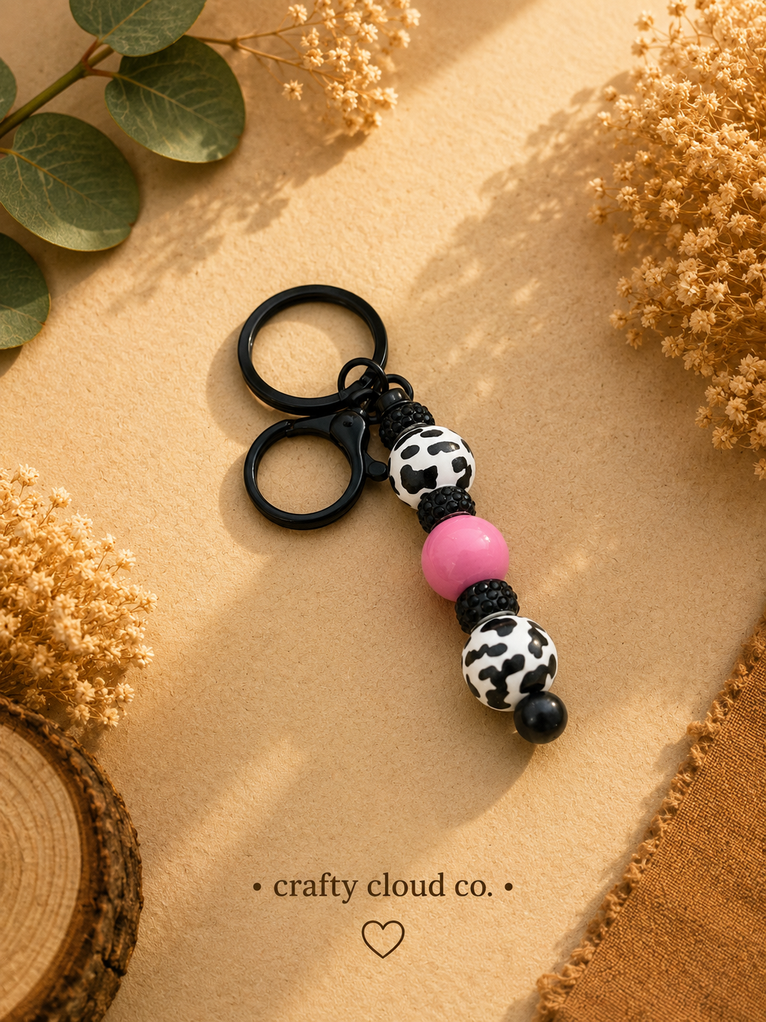 Pink Cow Print Beaded Keychain