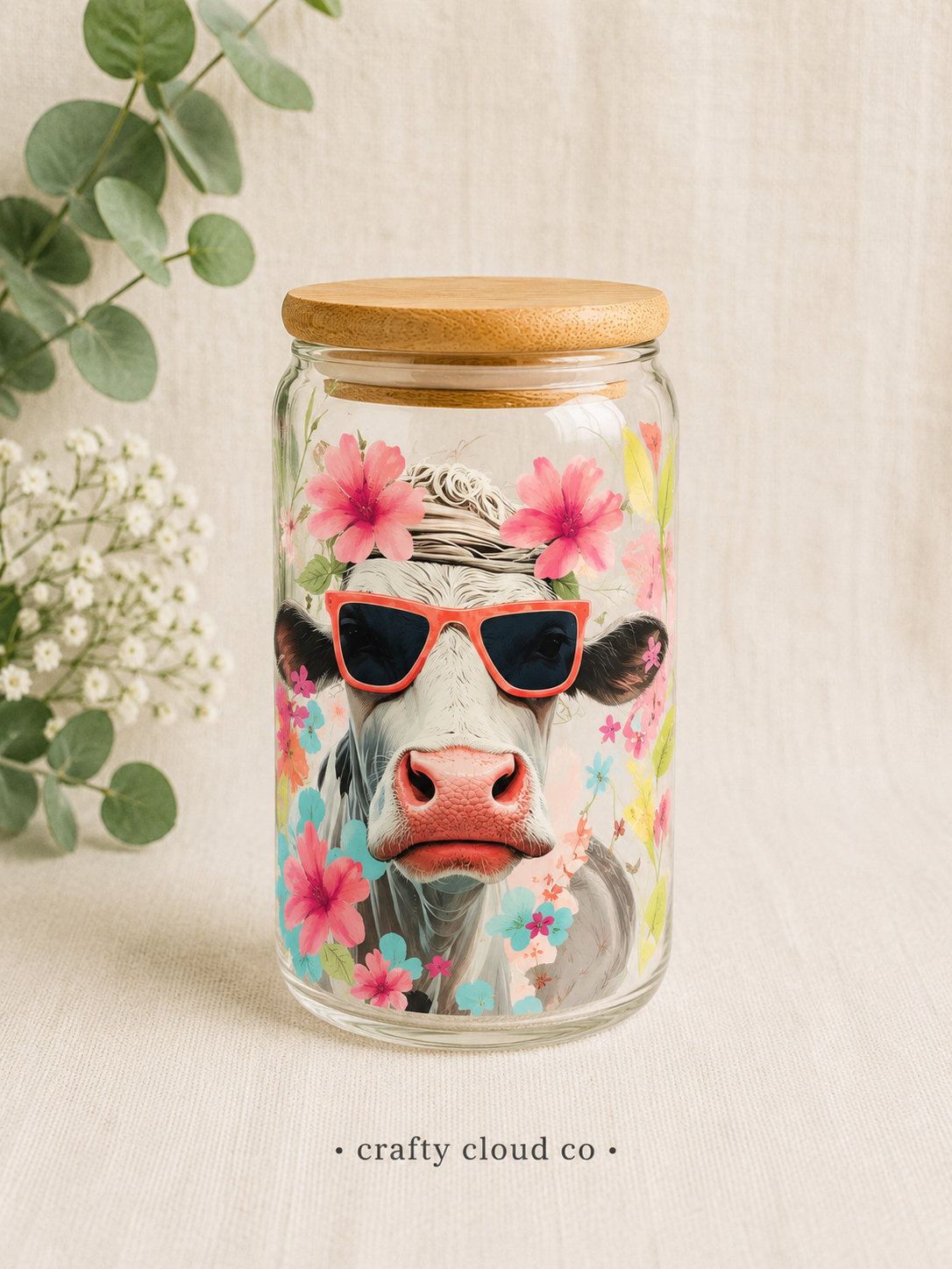 Cow with Sunglasses Glass Can Cup