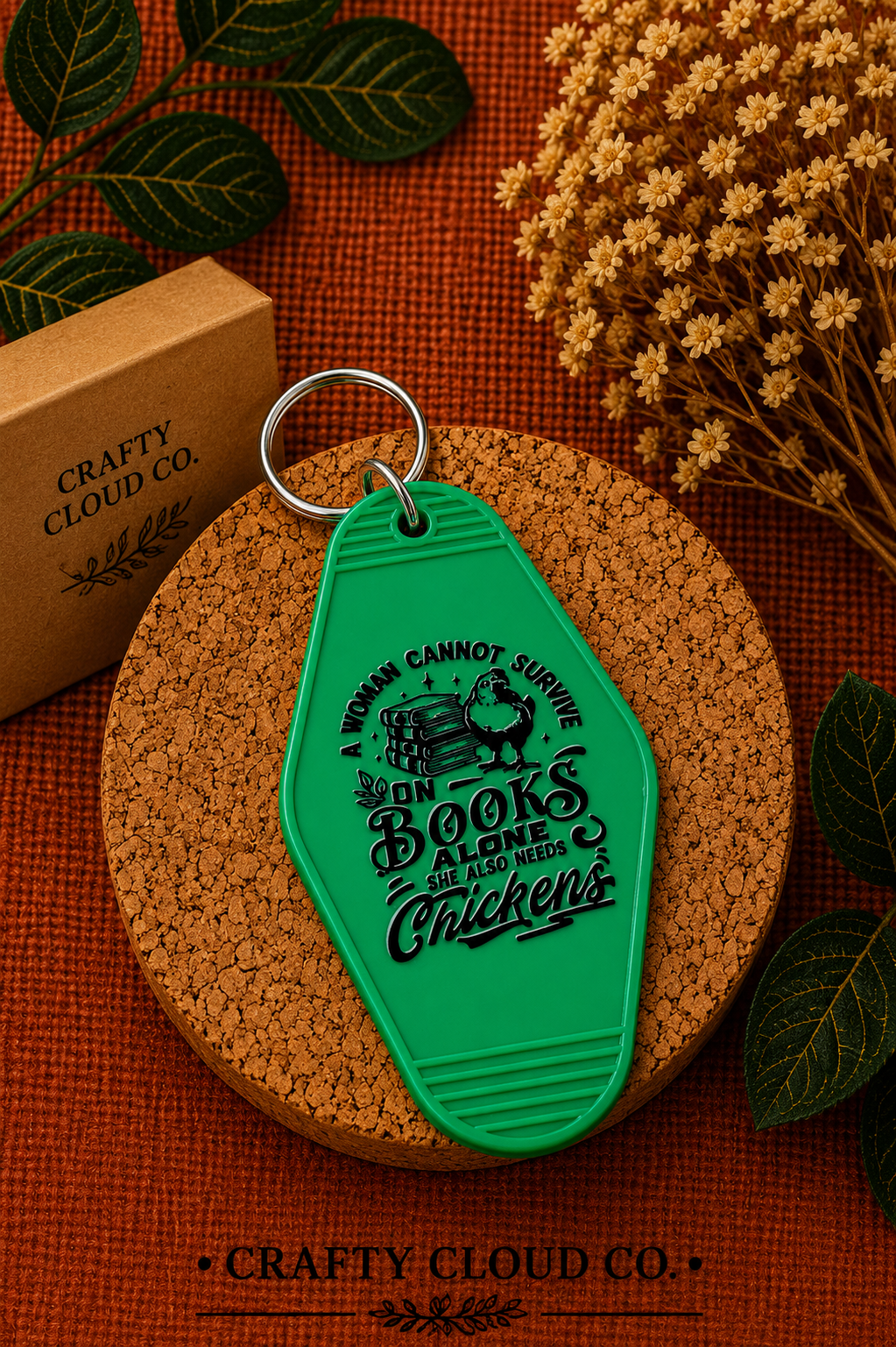 Books & Chickens Green Motel Keychain