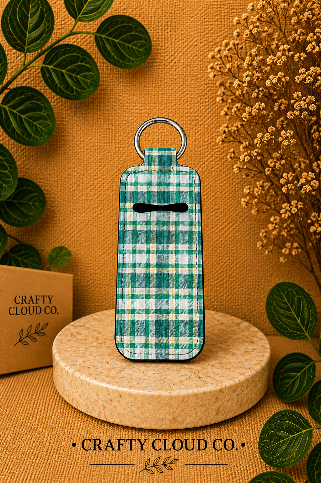 Green Plaid Chapstick Holder Keychain