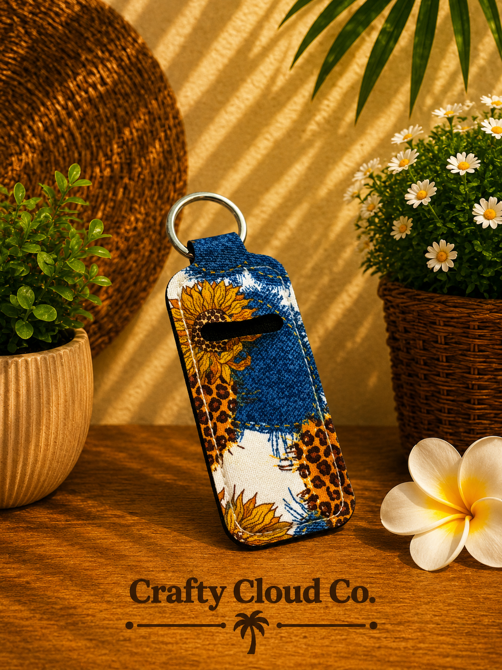 Sunflower Denim Patchwork Chapstick Holder Keychain