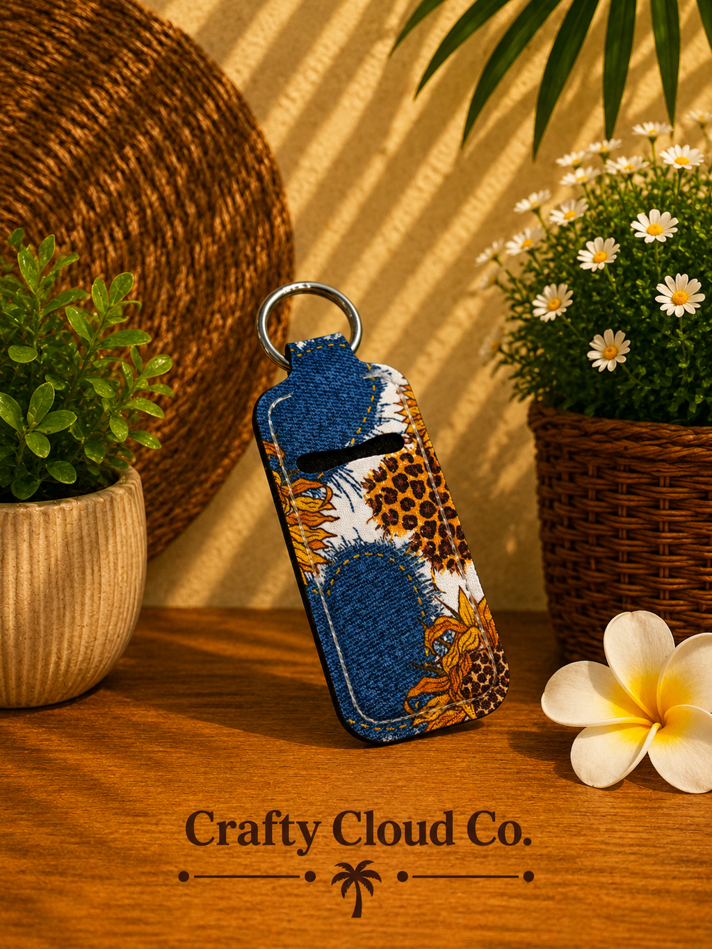 Sunflower Denim Patchwork Chapstick Holder Keychain