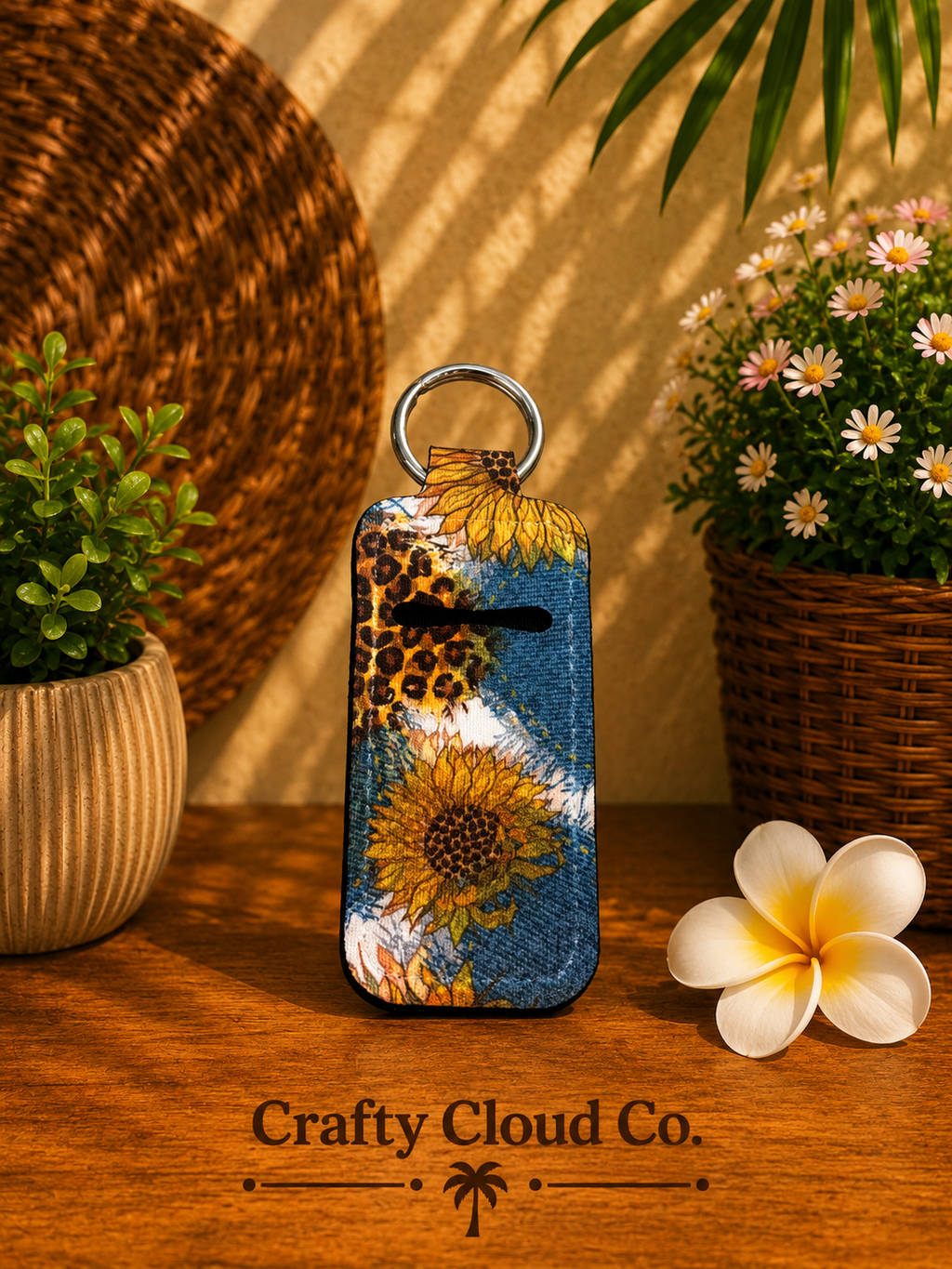 Sunflower Denim Patchwork Chapstick Holder Keychain