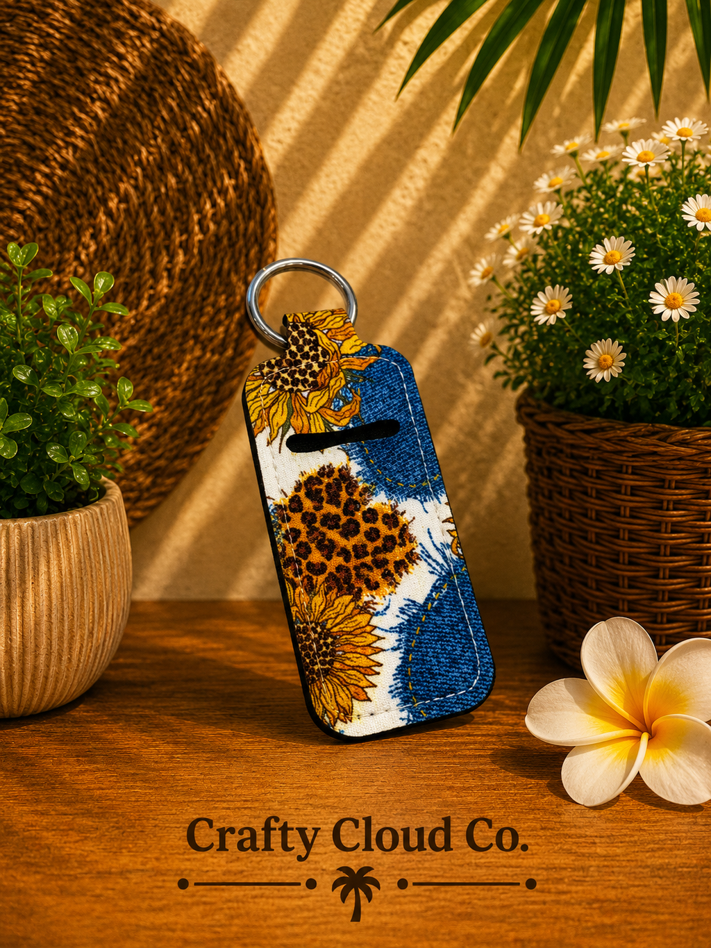 Sunflower Denim Patchwork Chapstick Holder Keychain