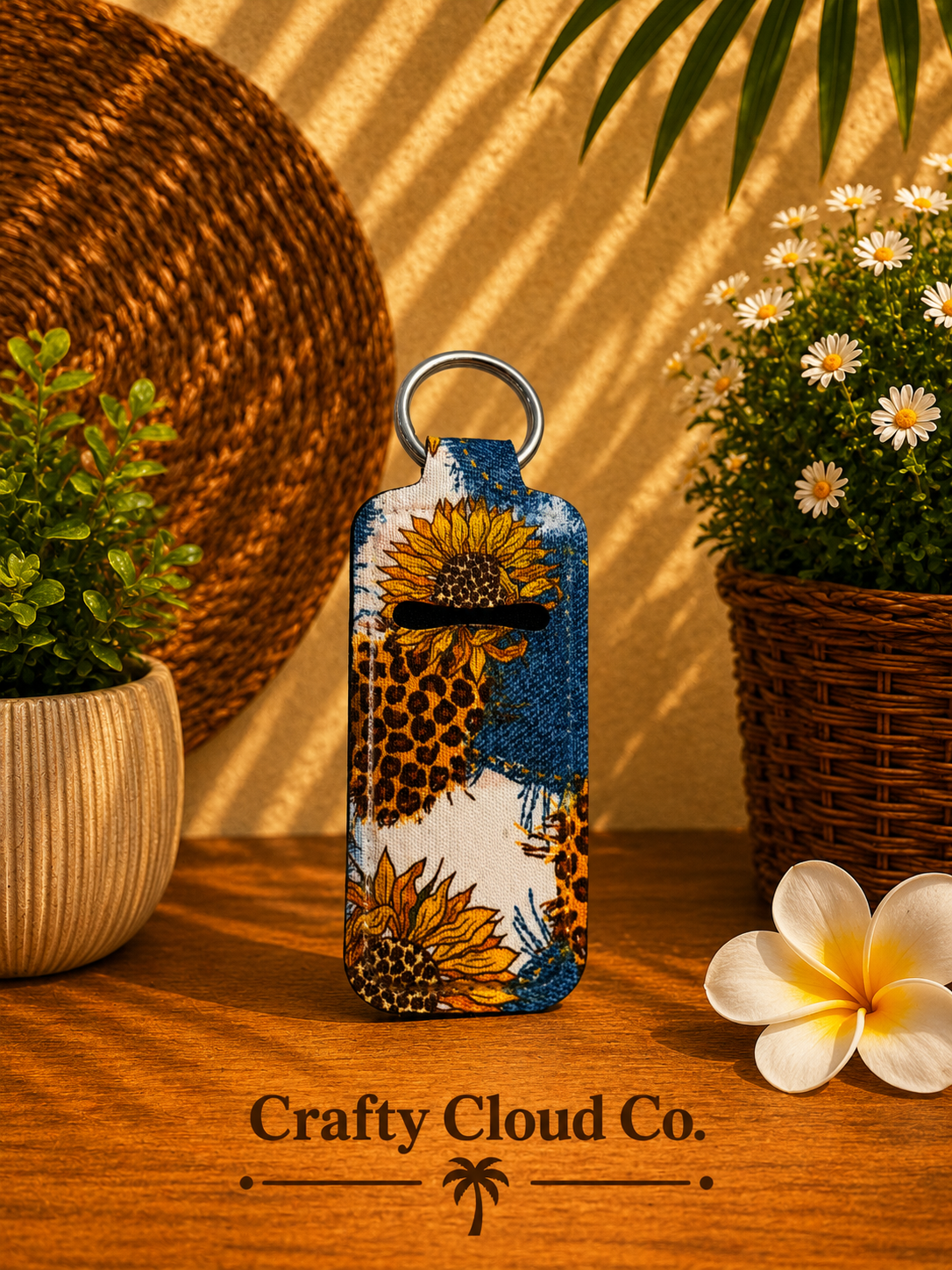 Sunflower Denim Patchwork Chapstick Holder Keychain
