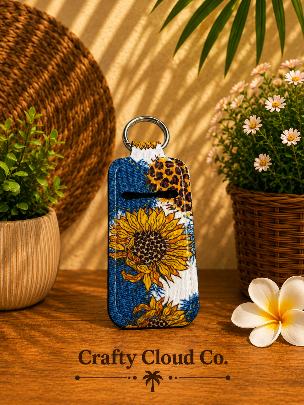 Sunflower Denim Patchwork Chapstick Holder Keychain
