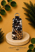 Cowhide Leopard Mix Chapstick Holder Keychain