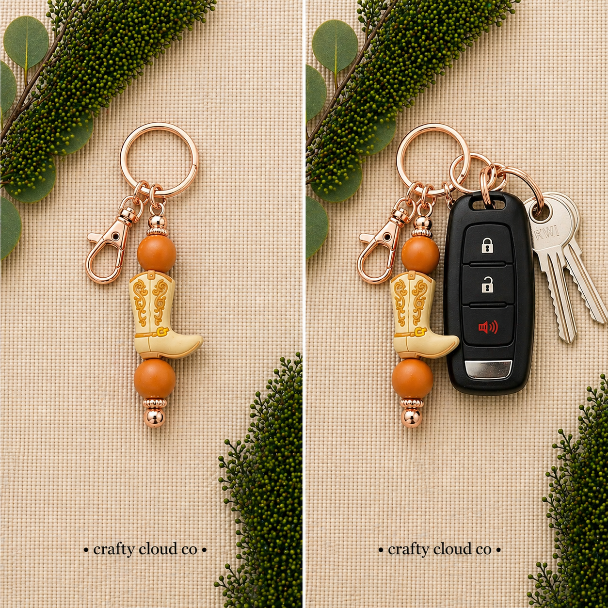Western Cowgirl Boot Beaded Keychain – Rustic Neutral Keychain