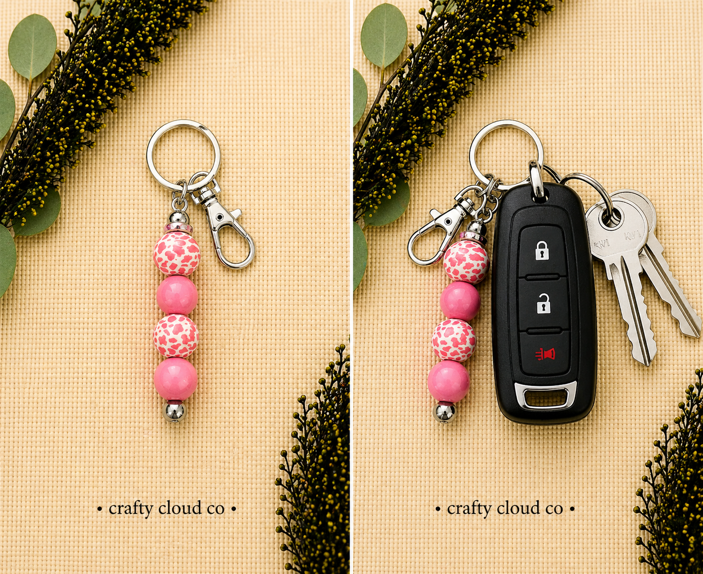 Pink Cow Print Beaded Keychain