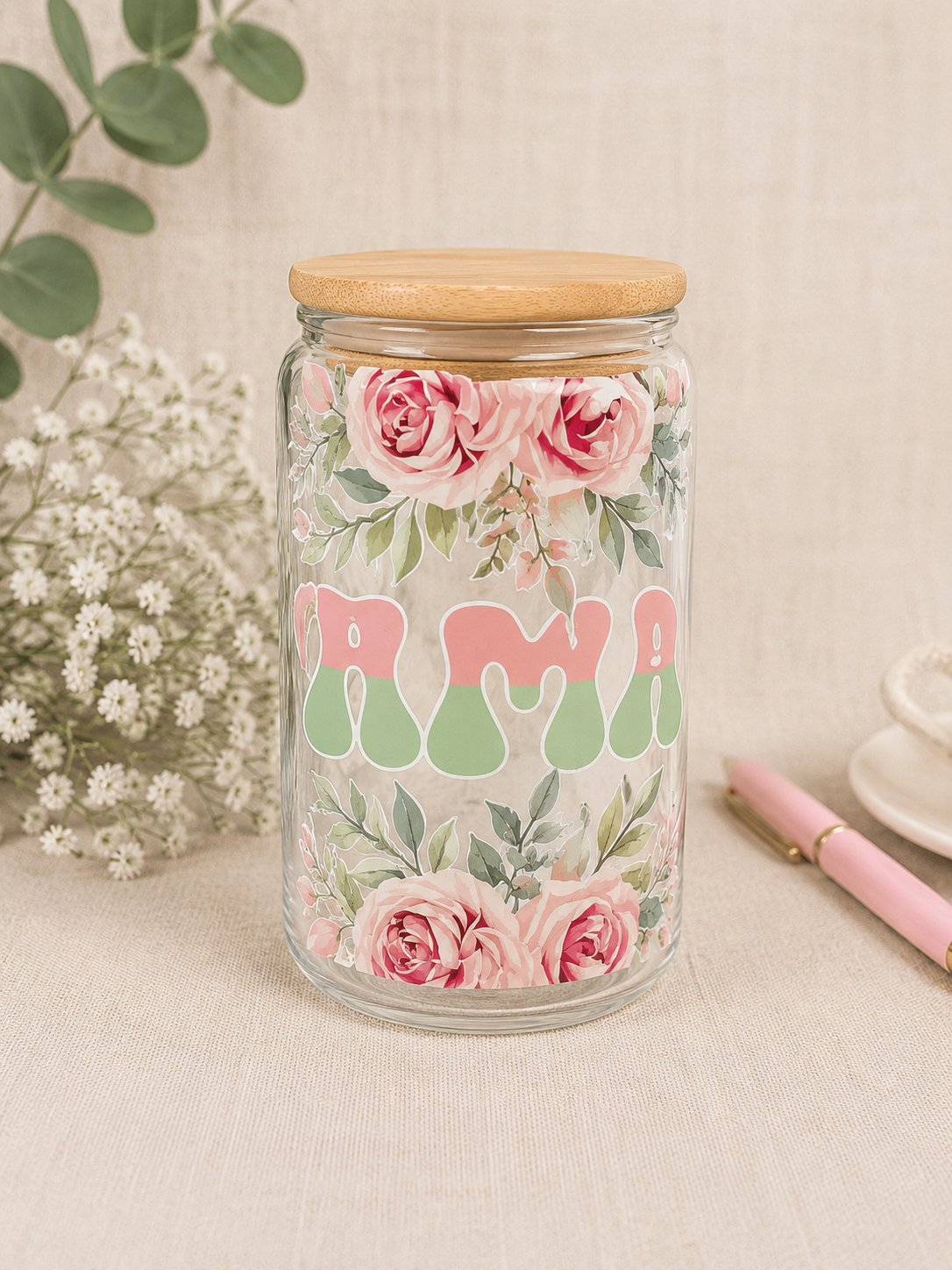 Pink Roses Mama Glass Can Cup