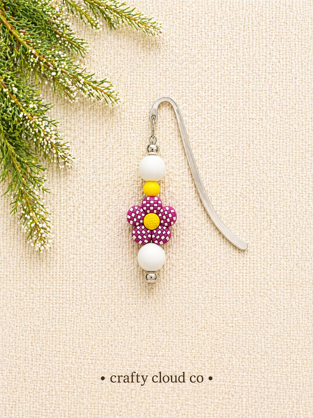 Purple & White Polka Dot Daisy Beaded Bookmark