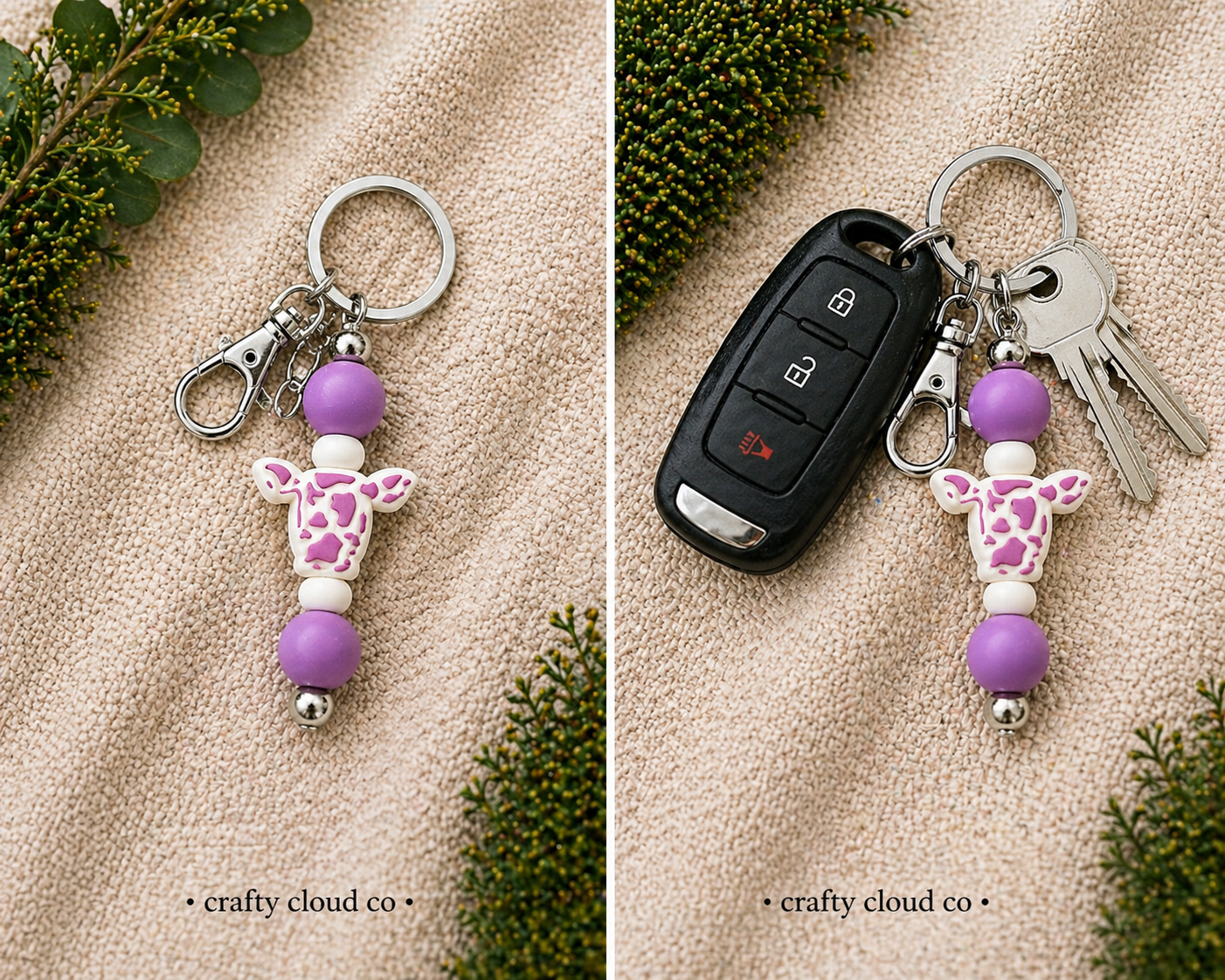 Purple Cow Silicone Beaded Keychain
