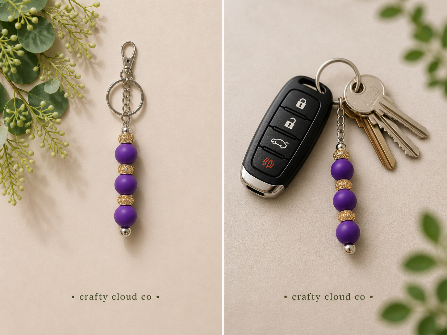 Purple & Gold Rhinestone Beaded Keychain