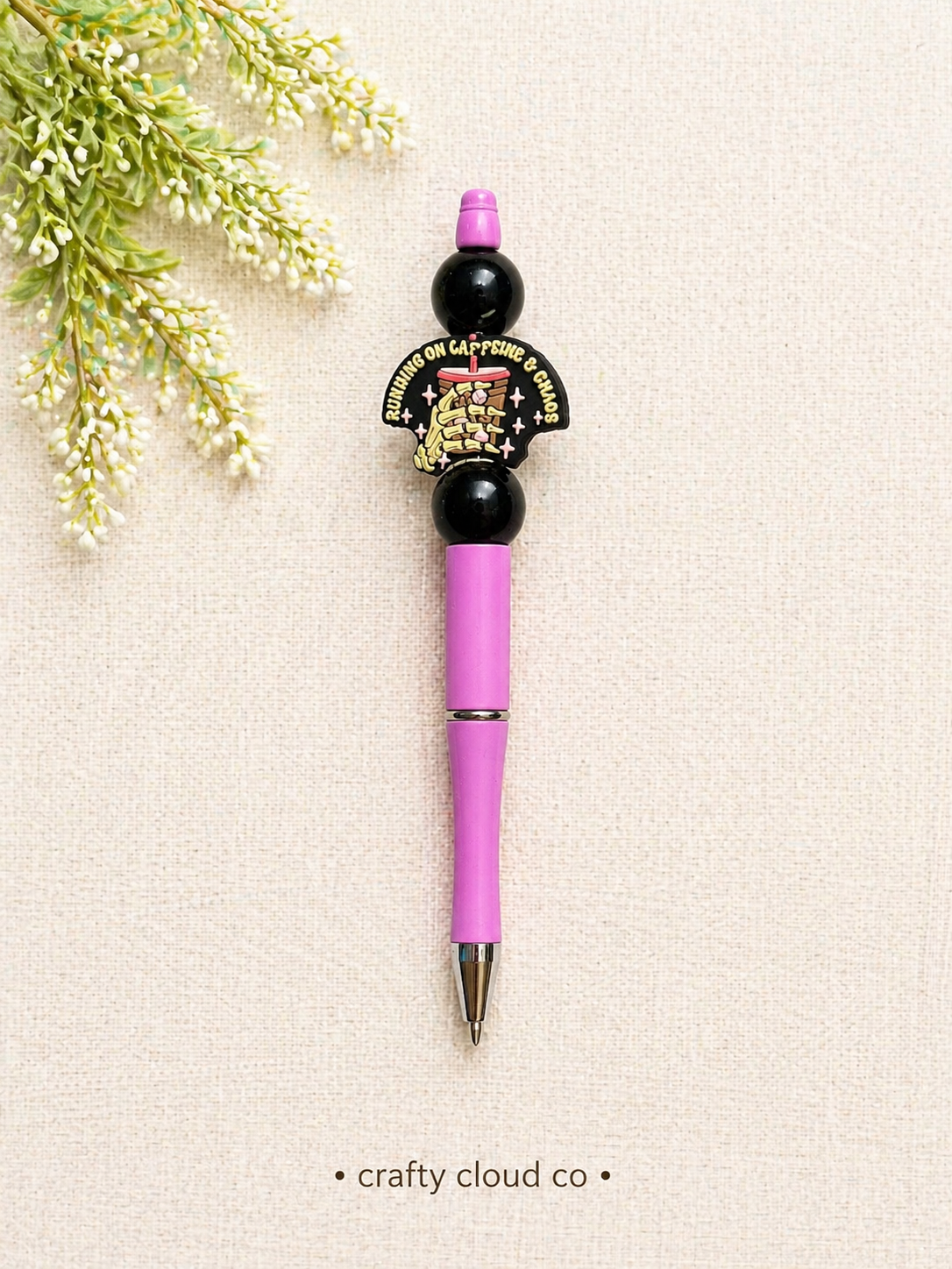 “Running on Caffeine & Chaos” Beaded Pen