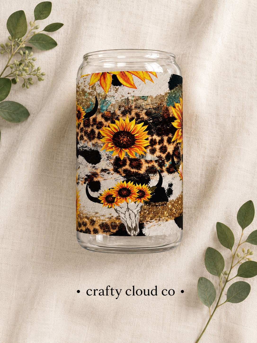 Sunflower Cow Skull Glass Cup
