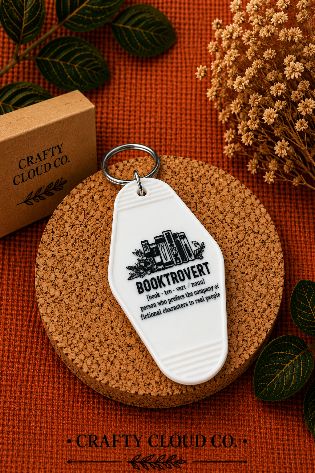 White Booktrovert Motel Keychain