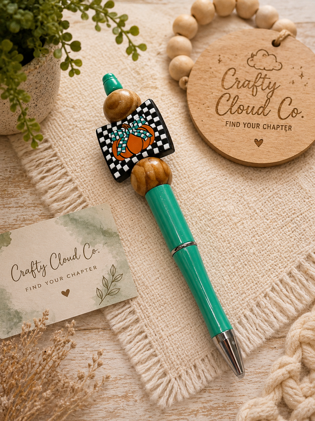 Wooden Pumpkin Teal Beaded Pen
